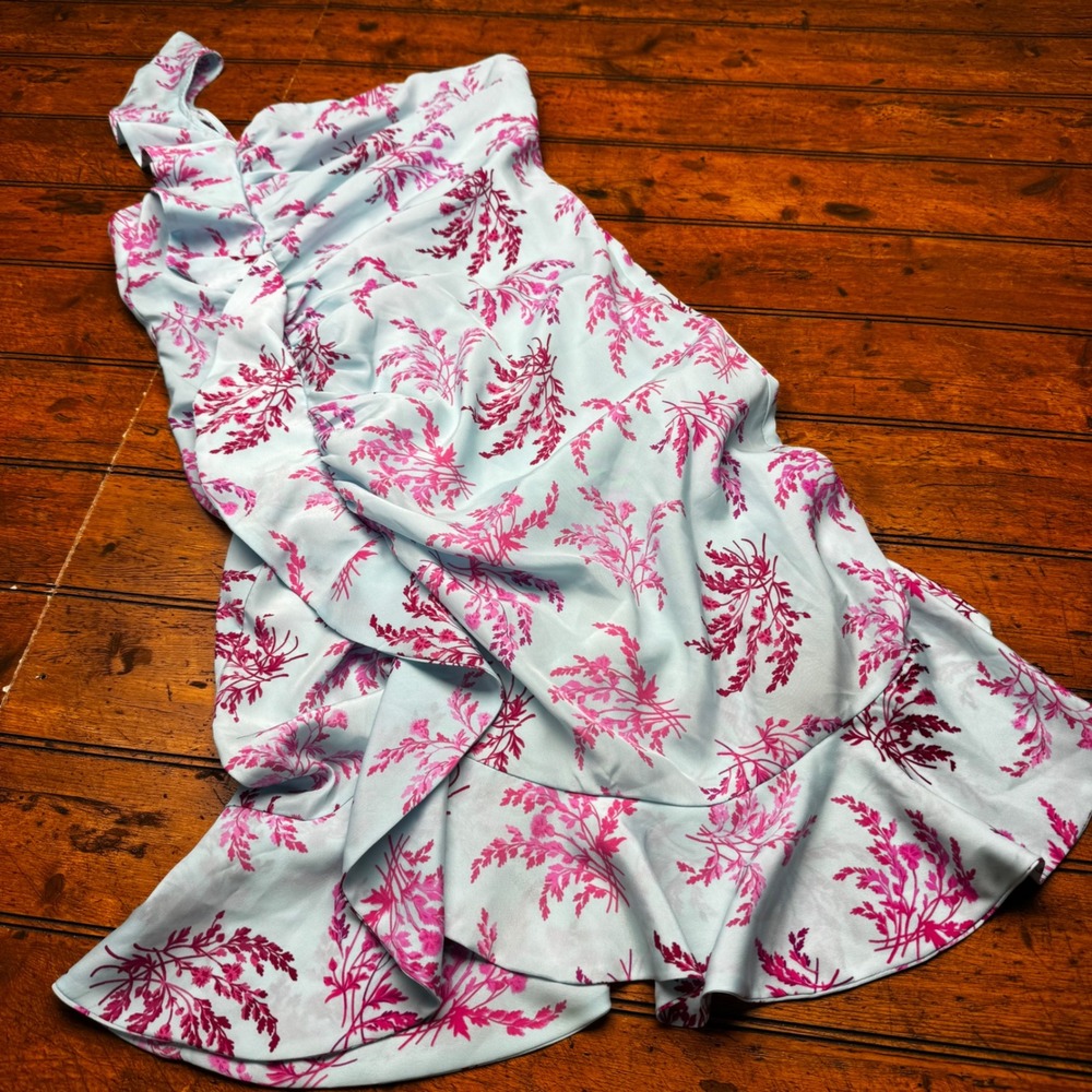 LIKELY Blue Pink Floral One‎ Shoulder Ruffle Midi Dress Size 8 Botanical Y2K